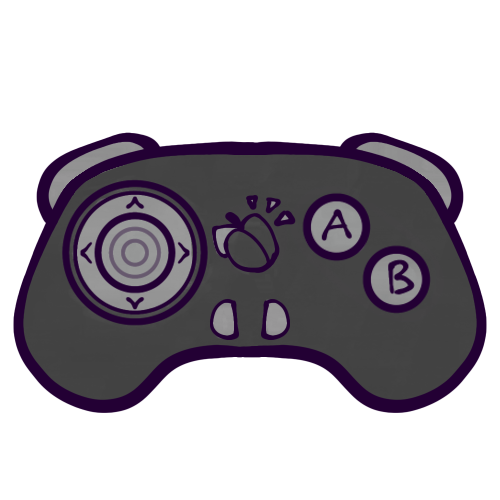 A drawing of a video game controller. It doesn’t look like any specific existing brand, but generally looks closer to a “classic” style, or pre-fourth console generation controller. It is mostly a dark grey, with lighter grey accents. It has an analog stick on the left, a logo of a plum and two small, semi-circle shaped buttons in the middle, and circular “A” and “B” buttons on the right, as well as two visible shoulder buttons, one on each side. The controller has short “thighs” or handles for ergonomics on either side. 